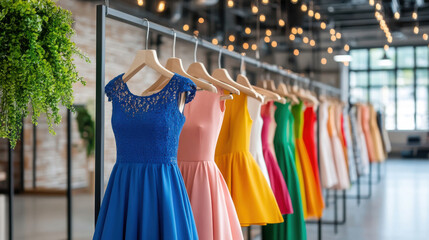 A row of colorful dresses on display in a boutique, highlighting vibrant fashion choices in a modern retail setting.