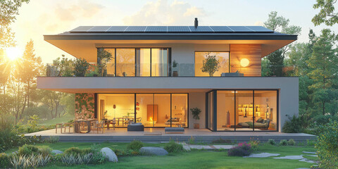 Poster - Modern two-story home with solar panels on the roof.