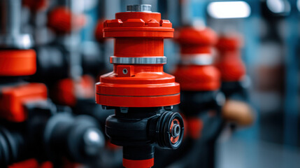 Wall Mural - Detailed view of a red industrial valve in a manufacturing facility, emphasizing engineering, machinery, and precision in equipment design.