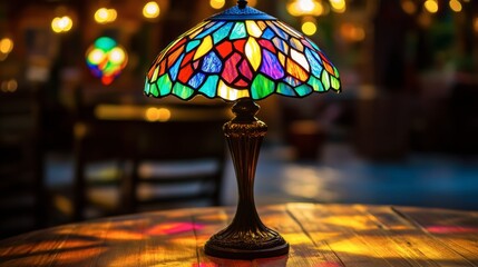 A stained glass lamp casting colorful light patterns onto a wooden table.