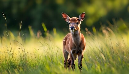 Wall Mural - Summer meadow with a red deer calf grazing peacefully