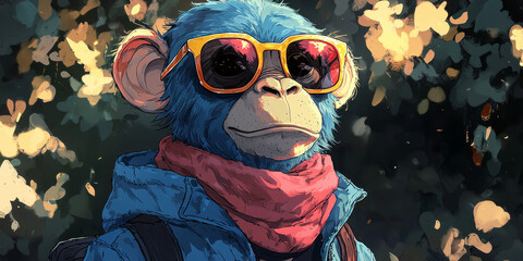 Wall Mural - Cool monkey wearing sunglasses and a scarf.