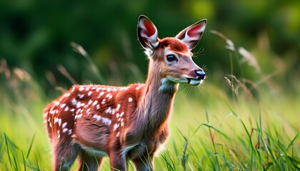 Wall Mural - Summer meadow with a red deer calf grazing peacefully