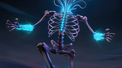 3d rendered illustration of a human skeleton with electrical strands in the back