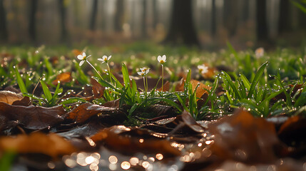 A natural scene of the forest floor in spring, featuring fresh sprouts of grass emerging from rich soil, tiny flowers blooming among fallen leaves, and dew glistening in the morning light