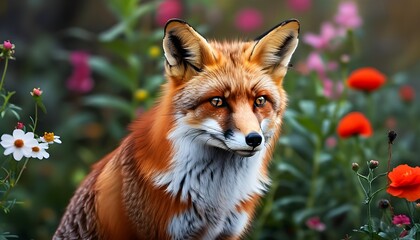 Wall Mural - Elegant red fox nestled among vibrant garden flowers