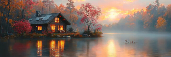 Canvas Print - Cozy cabin with warm lights nestled on a tranquil lake surrounded by fall foliage.