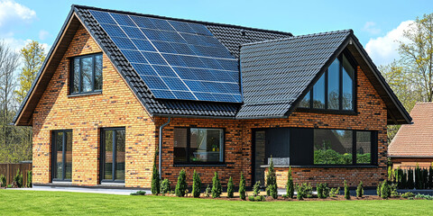 Poster - Modern brick house with solar panels on the roof.