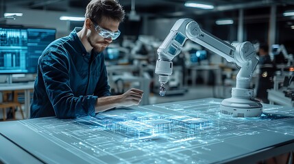 an engineer operates a robotic arm, building a holographic model of a futuristic structure.