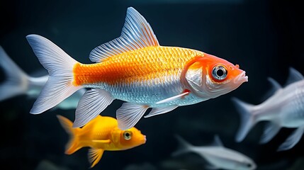 Vivid Underwater Playtime - Colorful Fish Exploring Toys in Well-Lit Aquarium with Copy Space.