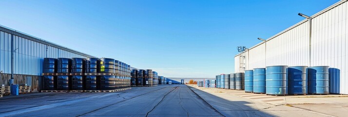 Warehouse for chemical products featuring outdoor pallets and metal tanks for liquid storage, adjacent to hangars, with fuel storage visible under a clear sky.