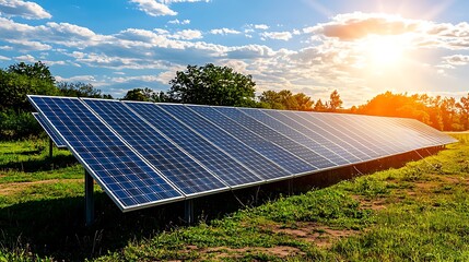 Wall Mural - Rows of solar panels face the sunny sky, soaking up rays for renewable power.