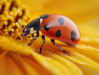 Wall Mural - Ladybug on a Yellow Flower: A Macro Photography Masterpiece