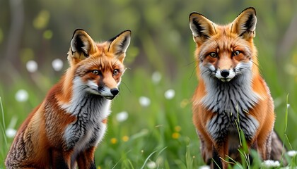 Intimate glimpse of two red foxes in a vibrant spring meadow