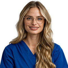 A smiling female nurse wearing glasses and a blue uniform, isolated on transparent background.