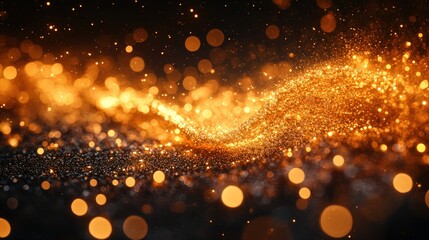 Abstract background with golden glitter wave and bokeh lights.