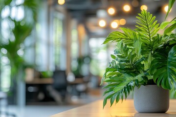 Blur background of contemporary office with greenery and bright natural light. Office interior photography. Sustainable workplace environment concept. Design for eco-friendly office spaces. Spate , ai