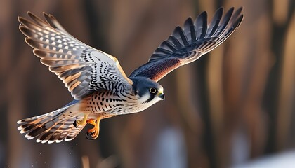 Poster - Elegant female common kestrel soaring into the sky, wings spread wide, capturing the essence of grace and freedom in flight