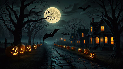 Halloween scene with dark pumpkin bats and full moon in the background