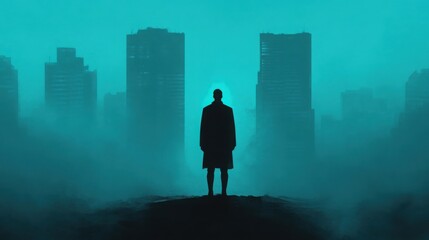 Wall Mural - a lone figure standing in a dark cyberpunk cityscape, illuminated only by the faint glow of distant 