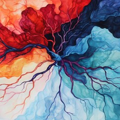 Wall Mural - Watercolor scene of a medical depiction where sepsis invades the bloodstream, with mortality symbolized by fading colors, a striking and emotional composition