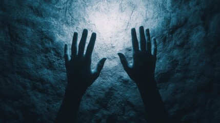 Wall Mural - hands reaching up from a deep, dark pit towards a small, distant light, symbolizing the struggle of 