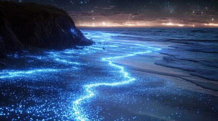 Wall Mural - Bioluminescent waves glowing blue on the beach at night under a starry sky.