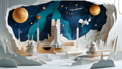 Panoramic paper cut design showcasing a space station adorned with layered spacecraft, intricate star maps, and advanced futuristic technology