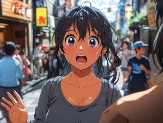 Clumsy anime girl bumping into someone on crowded city street - Embarrassed expression and apologetic gesture