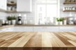 © RanDzign - kitchen table background, wood counter top on blur of white clean abstract home interior with bokeh. used for display or montage your wooden for dining background, ai