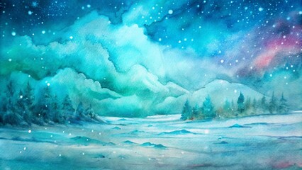 Abstract winter watercolor background with falling snow,blue sky and snowy natural landscape.Festive New Year card for invitations and Christmas greetings