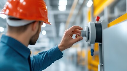 Wall Mural - A man in a blue shirt is wearing a hard hat and is adjusting a machine.