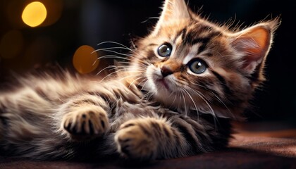 A close-up of a fluffy tabby kitten lying down with a soft and warm ambient light in the background. The kitten's bright eyes and detailed fur are highlighted, creating a cozy and inviting atmosphere.