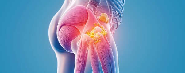 Anatomical illustration showing hip joint pain with highlighted areas, representing areas of discomfort and inflammation.