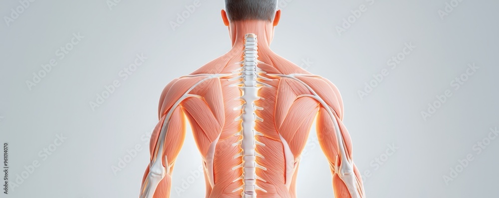 Detailed anatomical view of the human spine and muscles from the back ...