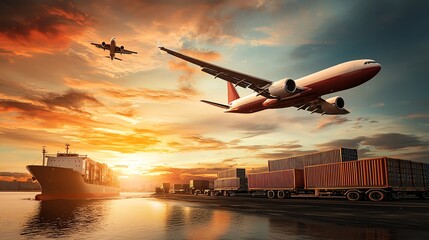 A stunning sunset view of a cargo ship and airplane, symbolizing global transportation and trade activity.