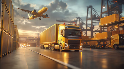 A vibrant scene showcasing a yellow truck in a busy shipping port with containers and an airplane in the background during sunset.