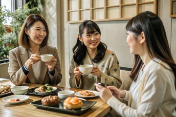 Three women enjoying tea and pastries in cozy cafe