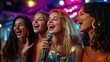 © Napasnan - Friends huddled together around a microphone, joyfully singing their favorite song during karaoke