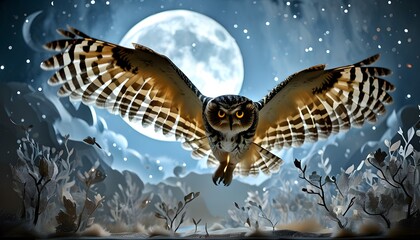 Wall Mural - Whimsical paper cut owl soaring gracefully against a shimmering moonlit silver background