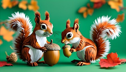 Wall Mural - Curious squirrel with acorn in playful paper cut style set against a vibrant green backdrop