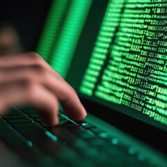 developer writing html code: advanced coding scene with a green matrix-style background