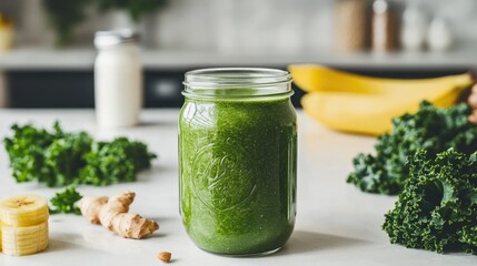 Wall Mural - Smoothie in a glass jar made with kale, banana, and almond milk, surrounded by fresh ingredients on a white kitchen counter