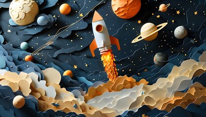 Dynamic paper cut scene depicting a thrilling space adventure with layered rockets, vibrant planets, and twinkling stars against a dark sky backdrop