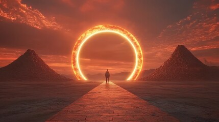 Silhouette of a person walking toward a giant glowing circular portal at sunset with two pyramids on each side symbolizing a mystical journey or the unknown future