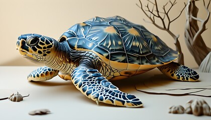 Serene paper cut illustration of a wise old tortoise featuring a patterned shell on a calm beige background