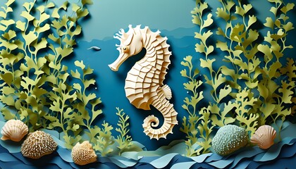 Serene paper cut design featuring a gentle sea horse amidst seaweed on a calming teal background