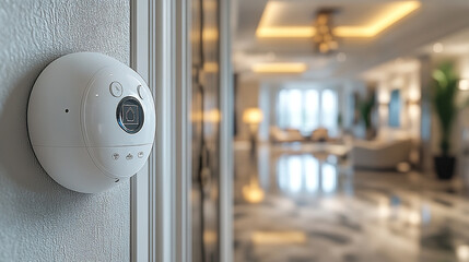 Smart security camera mounted on wall, monitoring modern home interior