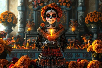 Wall Mural - Day of the Dead Skeleton Woman Holding a Candle.