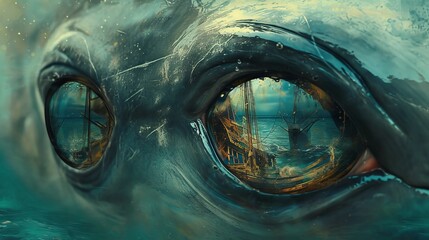 A surreal and captivating image showing two ships reflected in the large, expressive eyes of a mysterious sea beast. The artwork evokes a sense of mystery, blending elements of fantasy and realism.